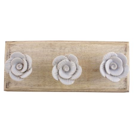Light Blue Medium Rose Flower Ceramic Wooden Hooks 